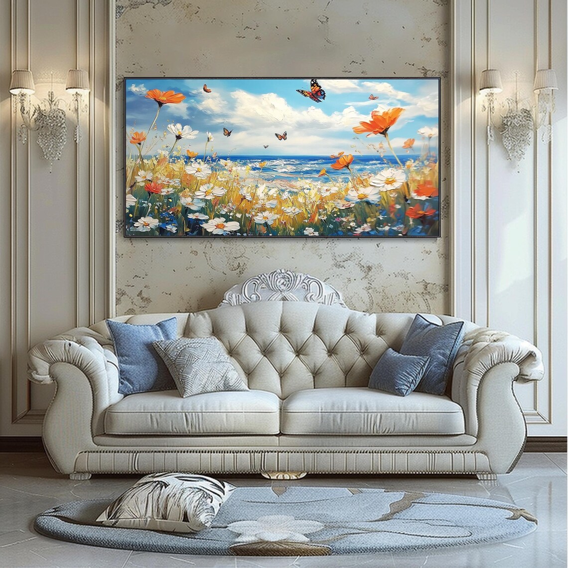 Coastal Wildflower Field Butterflies Ocean Oil Painting Summer Breeze Art Poster - Image 5