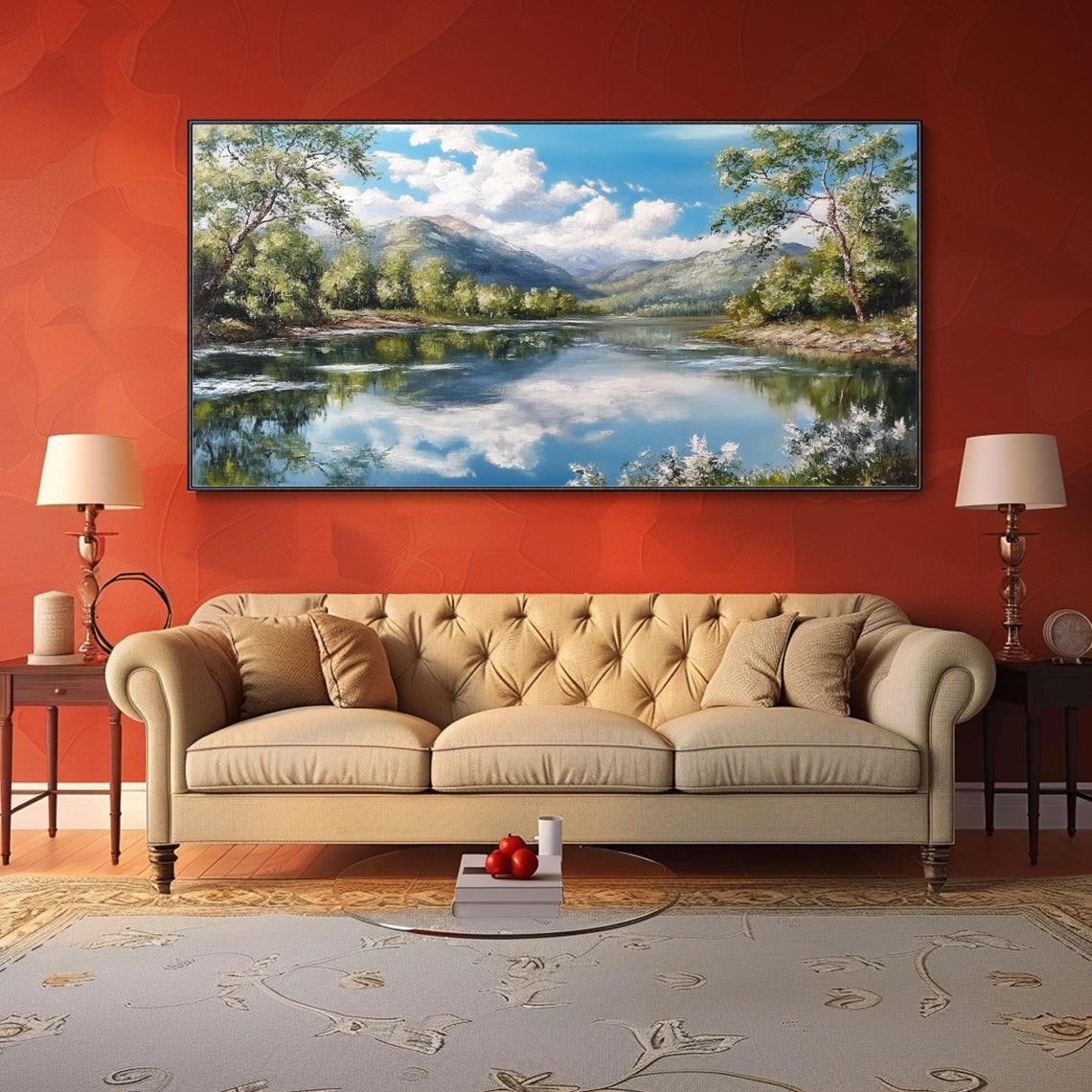 Mirror Lake Blue Sky Clouds Mountain Reflection Oil Painting Wall Art - Image 3