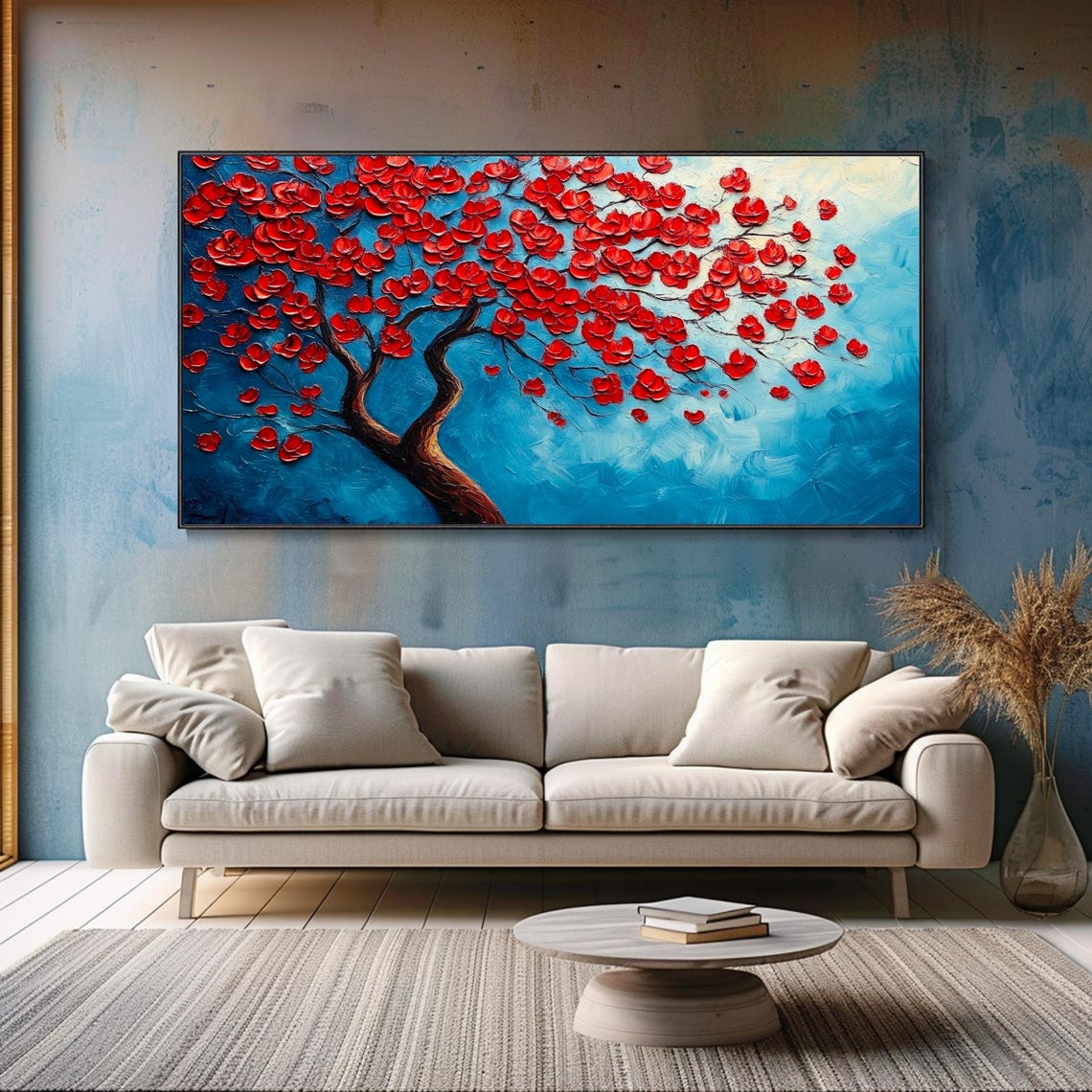 Red Blossom Tree Blue Sky Bold Floral Panoramic Oil Painting Wall Art - Image 2