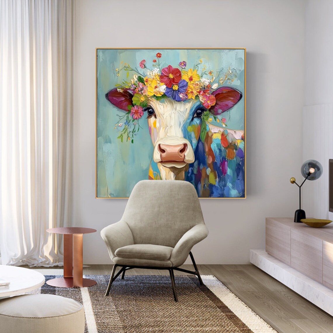 Abstract Floral Cow Oil-Painting Art Print, Living Room - Image 3