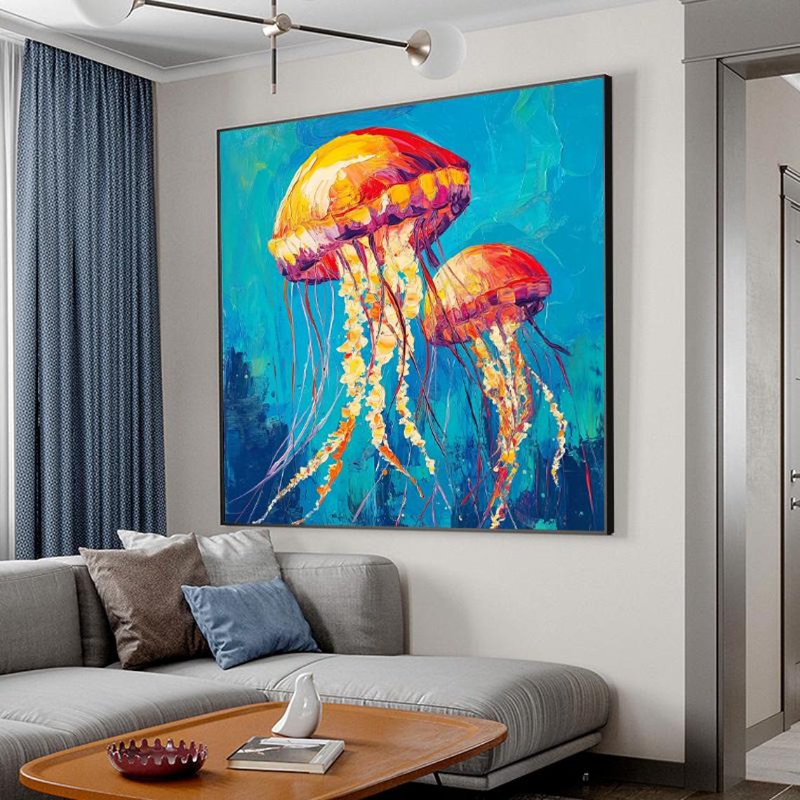 Hand Painted Oil Painting Ocean Creatures Jellyfish Wall Art Original Artwork For Entryway And Dining Room - Image 2