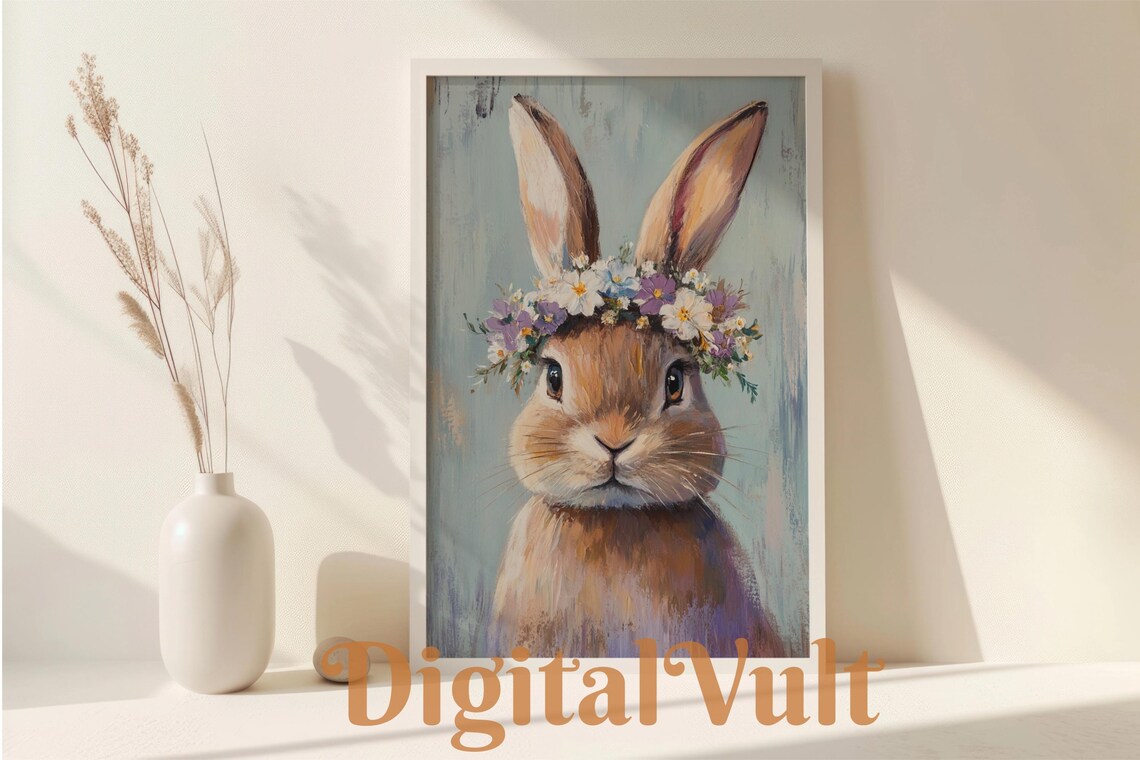 Vintage Easter Bunny Painting, Spring Rabbit Cottagecore Decor