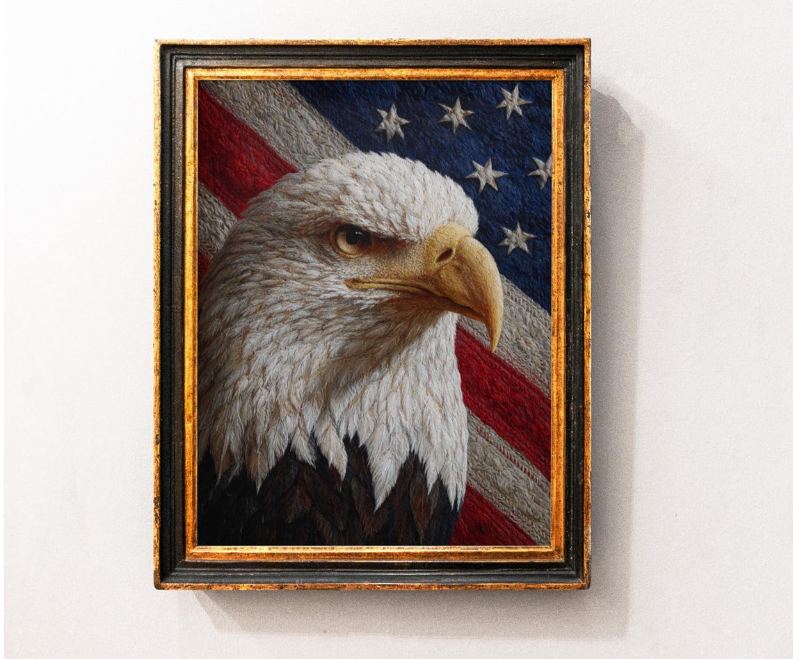 Bald Eagle Close-Up Portrait Against the American Flag Poster