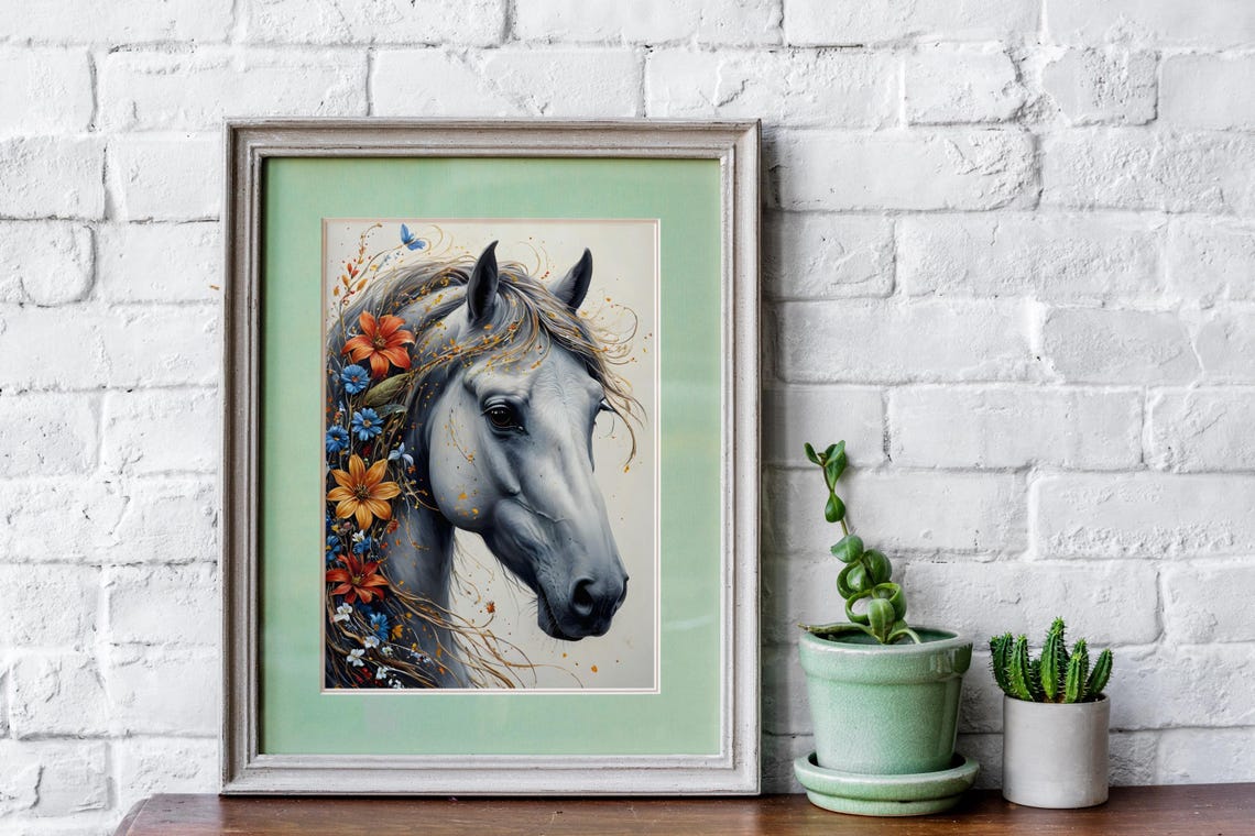 Graceful White Horse Profile with Colorful Flowers in Mane Poster - Image 5