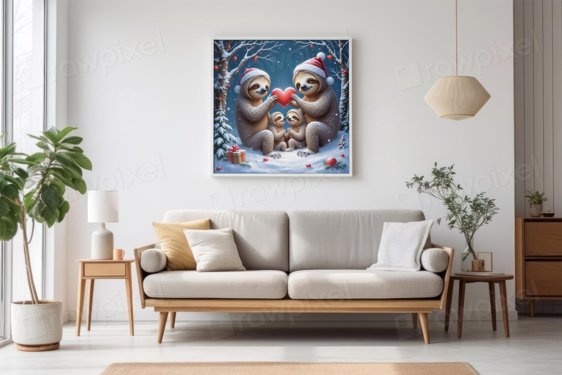 Festive Christmas Sloth Family Holding a Red Heart in Snow Poster - Image 3