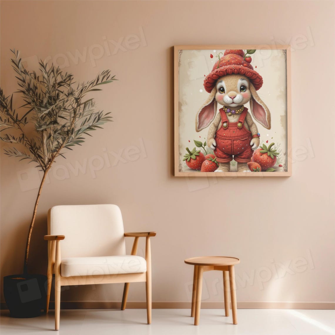 Adorable Lop-Eared Bunny in Strawberry Hat and Red Overalls Poster - Image 2