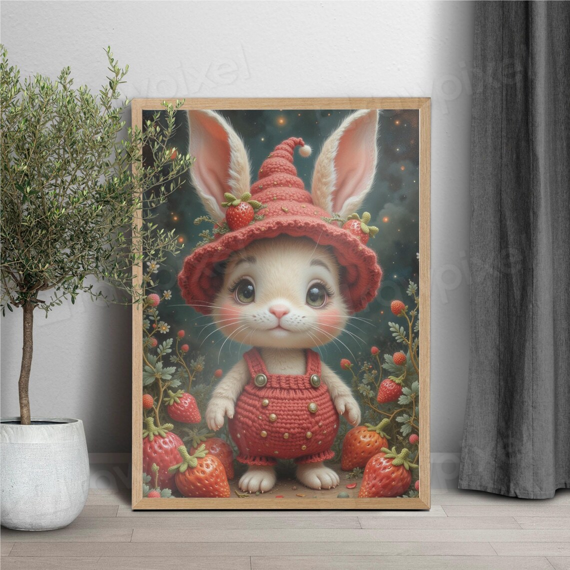 Sweet Wide-Eyed Bunny in Strawberry Outfit Under Starry Night Poster - Image 6