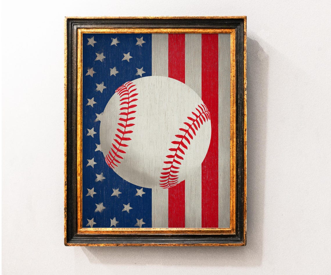 Baseball Over American Flag Patriotic Sports Wall Decor Poster