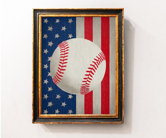 Baseball Over American Flag Patriotic Sports Wall Decor Poster