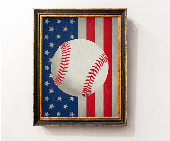Baseball With Flag Wall Art Print Oil Ball Abstract Painting Sports Decor