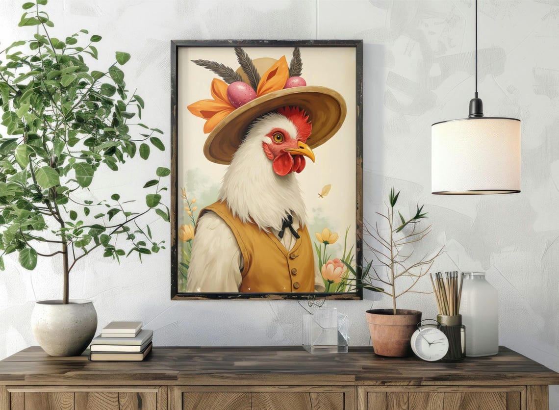 Proud White Rooster in Straw Hat and Mustard Yellow Vest Poster