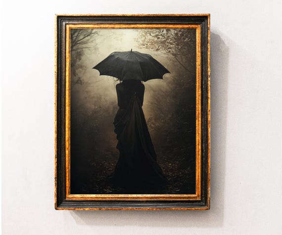 Victorian Woman With Umbrella Wall Art Moody Gothic Witch Print Dark Academia Decor Spooky Halloween Home