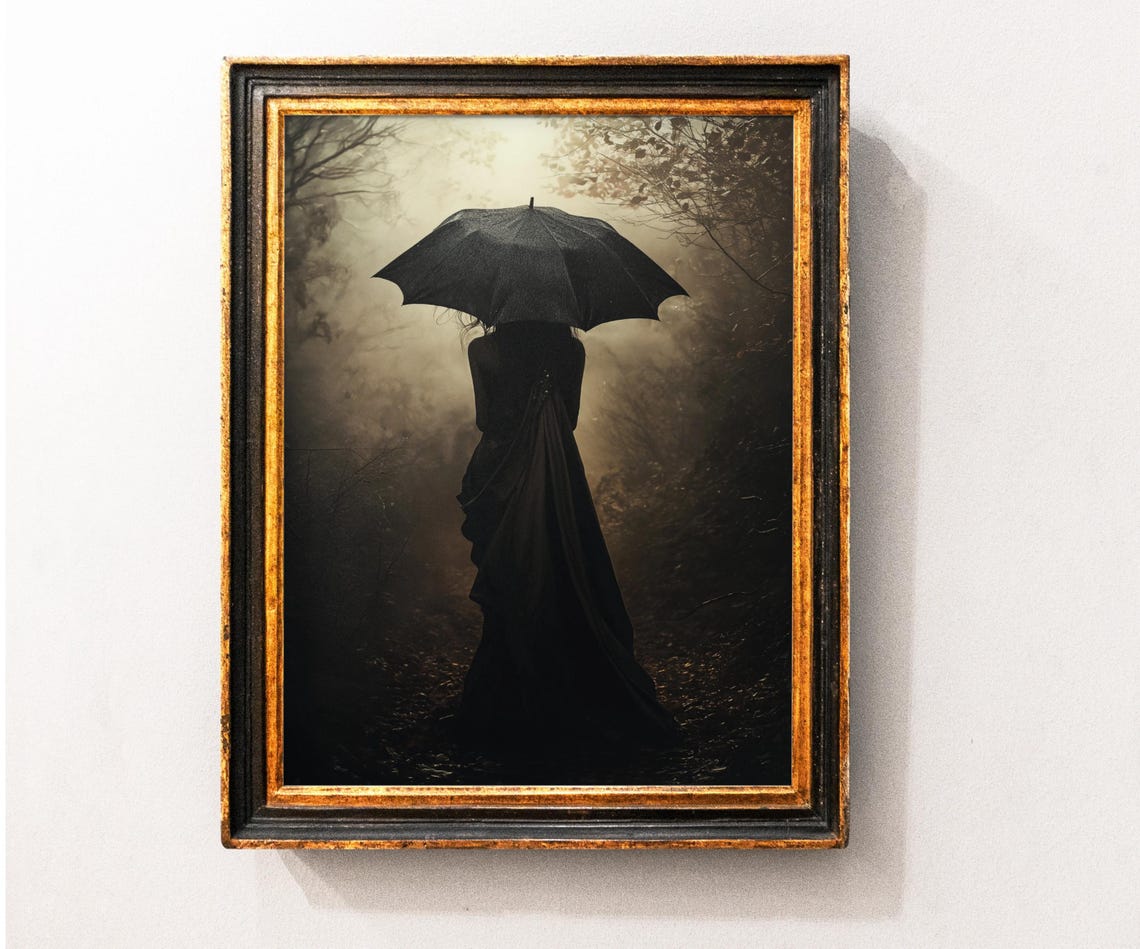 Victorian Woman With Umbrella Wall Art Moody Gothic Witch Print Dark Academia Decor Spooky Halloween Home