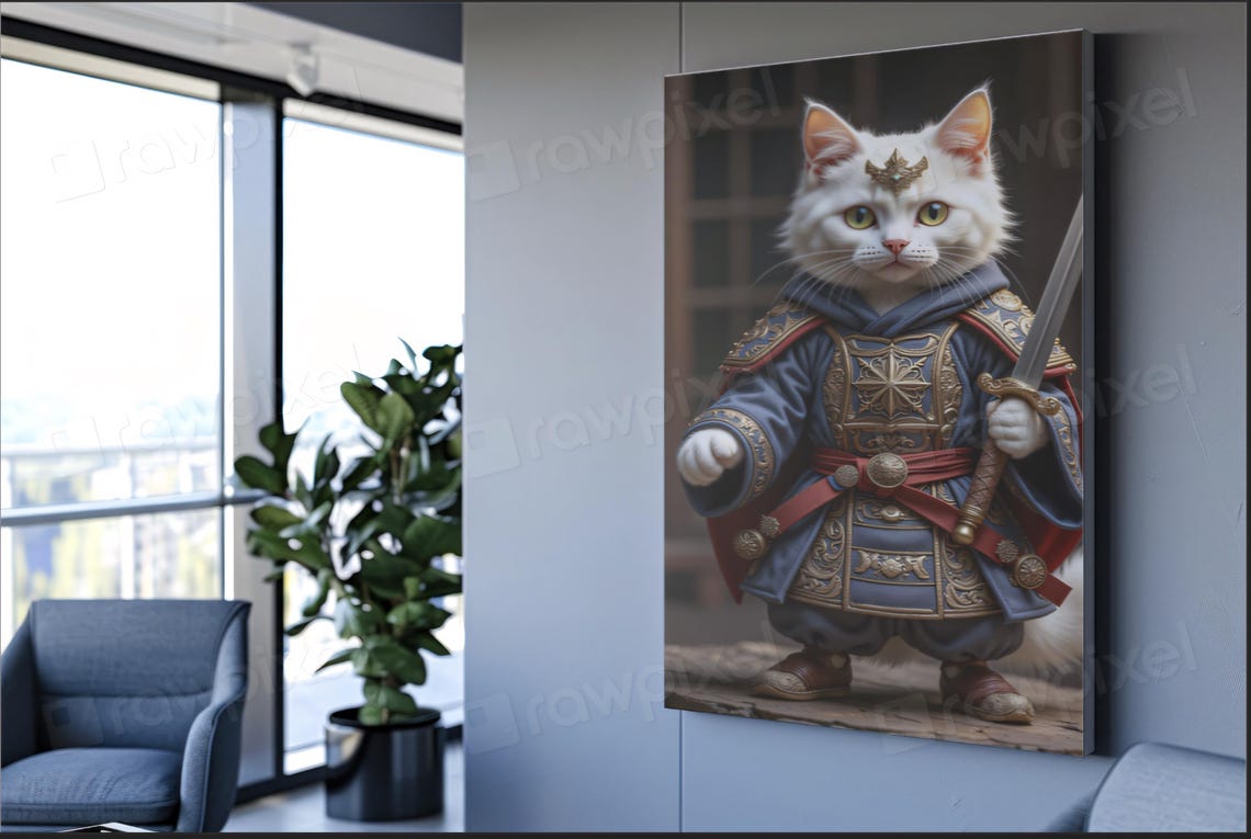 Brave White Cat Samurai Warrior in Blue Armor with Sword Poster - Image 2