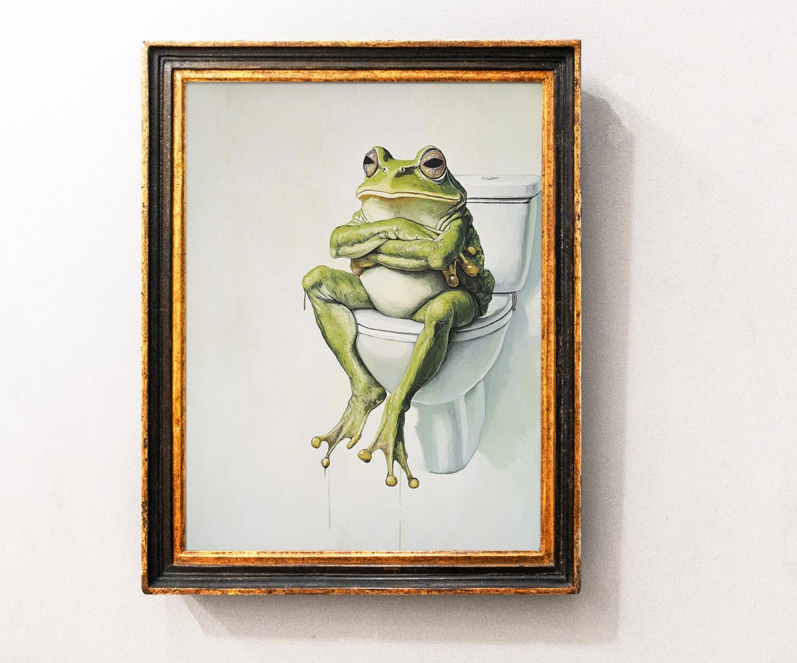 Funny Grumpy Frog Sitting On Toilet Silly Bathroom Art Poster