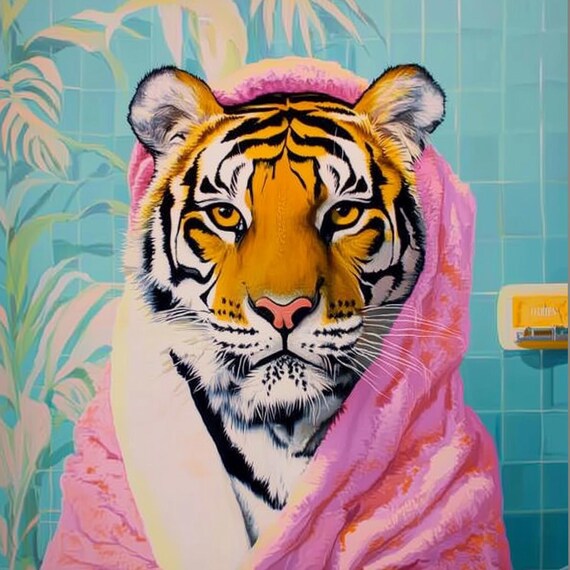Tiger Wrapped in a Pink Towel Turquoise Bathroom Humor Wall Poster