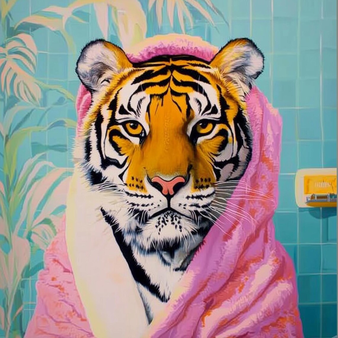 Tiger Wrapped in a Pink Towel Turquoise Bathroom Humor Wall Poster