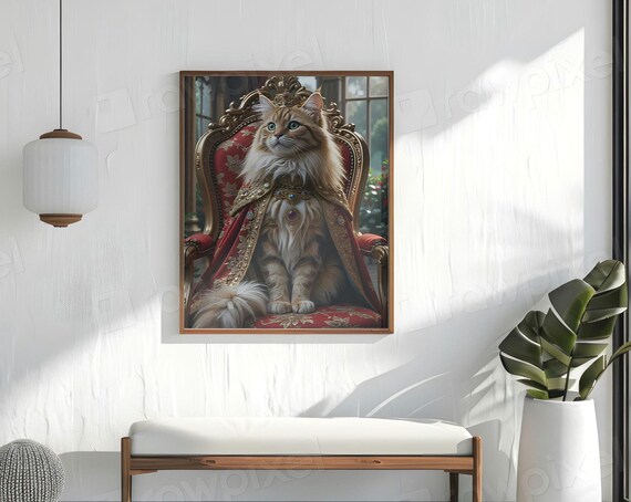 Regal Cat in Royal Robe Seated on Ornate Throne Portrait Poster