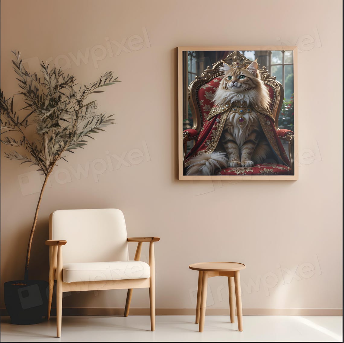 Regal Cat in Royal Robe Seated on Ornate Throne Portrait Poster - Image 3