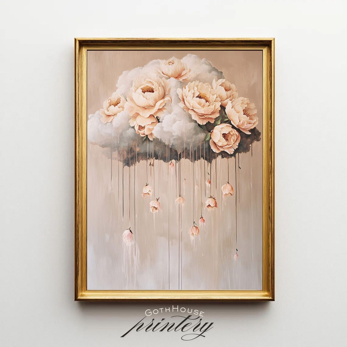 Blush Peony Cloud Art Surreal Flower Rain Painting Wall Poster
