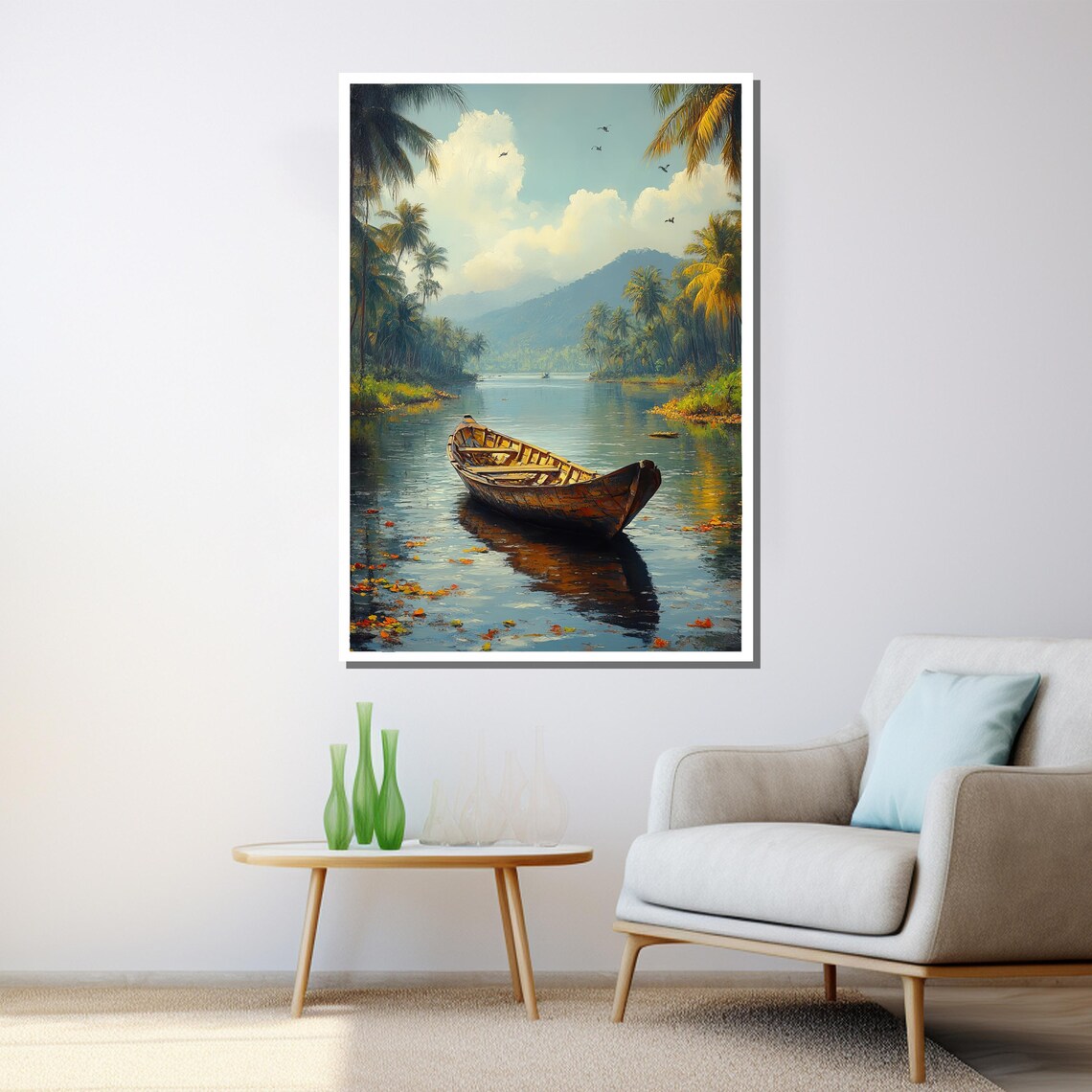 Wooden Canoe Tropical River Palm Trees Tranquil Nature Painting Poster - Image 3