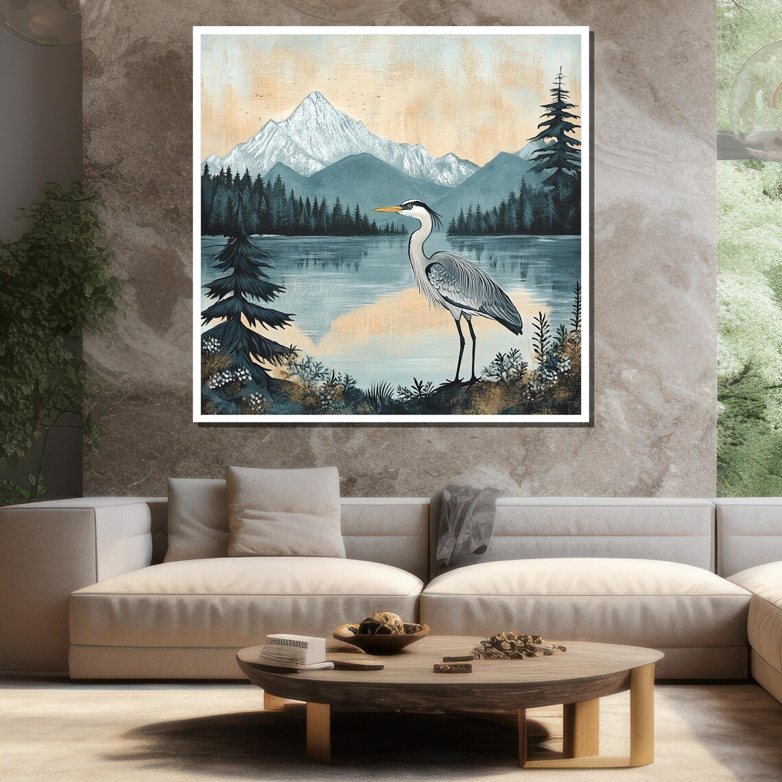 Great Blue Heron Mountain Lake Serene Nature Bird Art Poster - Image 3
