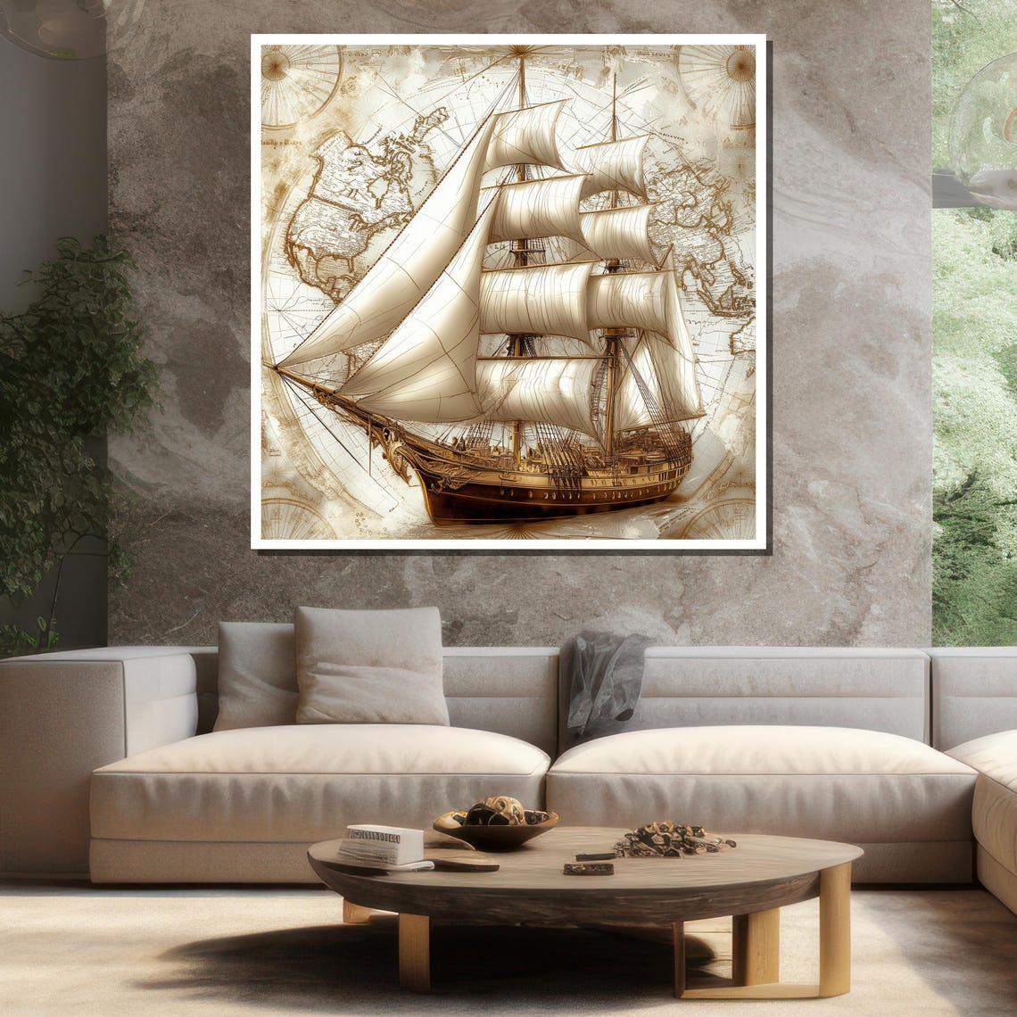 Vintage Sailing Ship On Antique World Map Nautical Wall Art Poster - Image 3