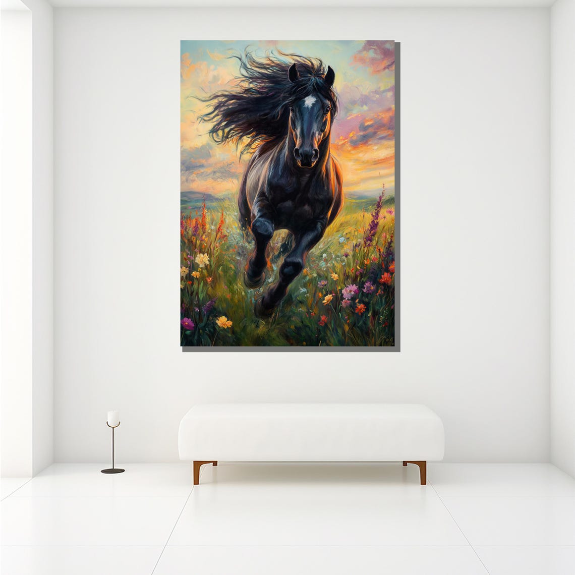 Black Horse Galloping Wildflowers Sunset Dynamic Equine Poster - Image 2