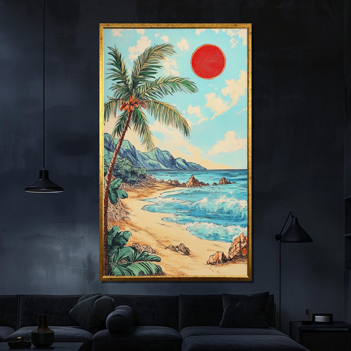 Tropical Beach Palm Tree Red Sun Ocean Waves Retro Travel Poster