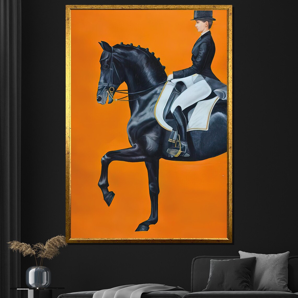 Elegant Equestrian Dressage Black Horse Rider Orange Wall Art Poster