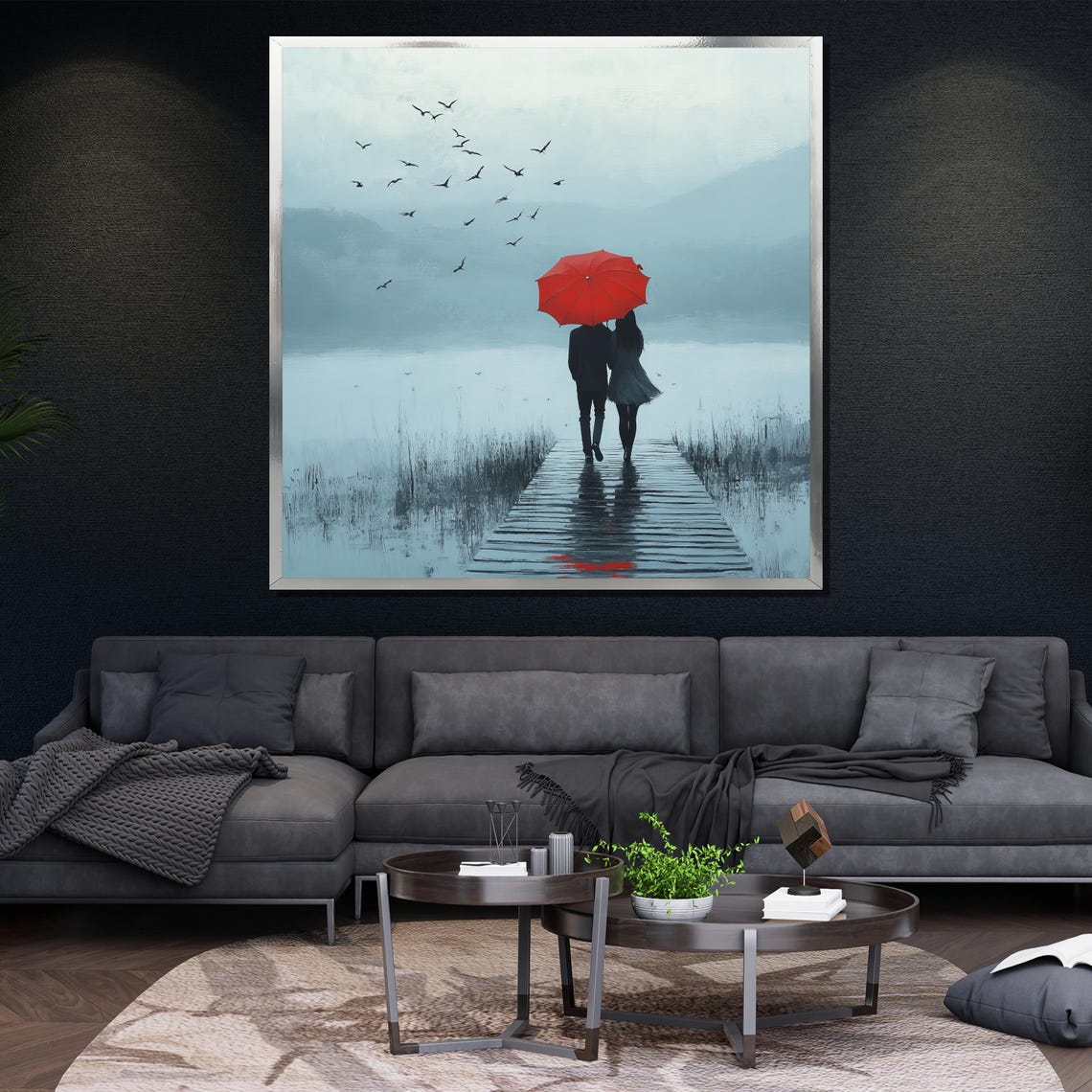 Couple Red Umbrella Misty Lake Boardwalk Birds Minimalist Wall Poster - Image 4