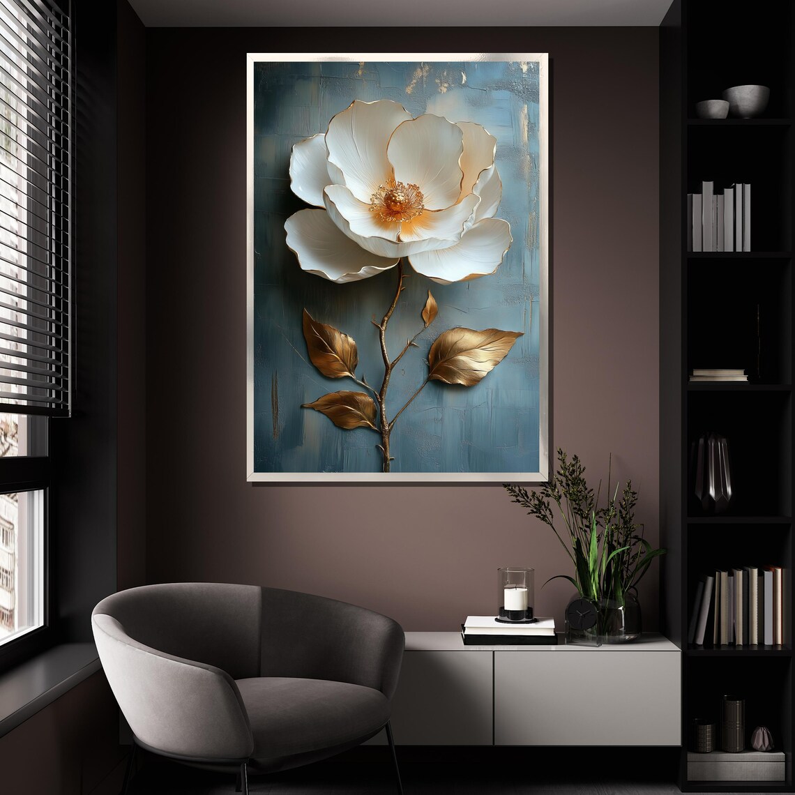 White Gold Flower Textured Painting Blue Background Elegant Wall Art - Image 4
