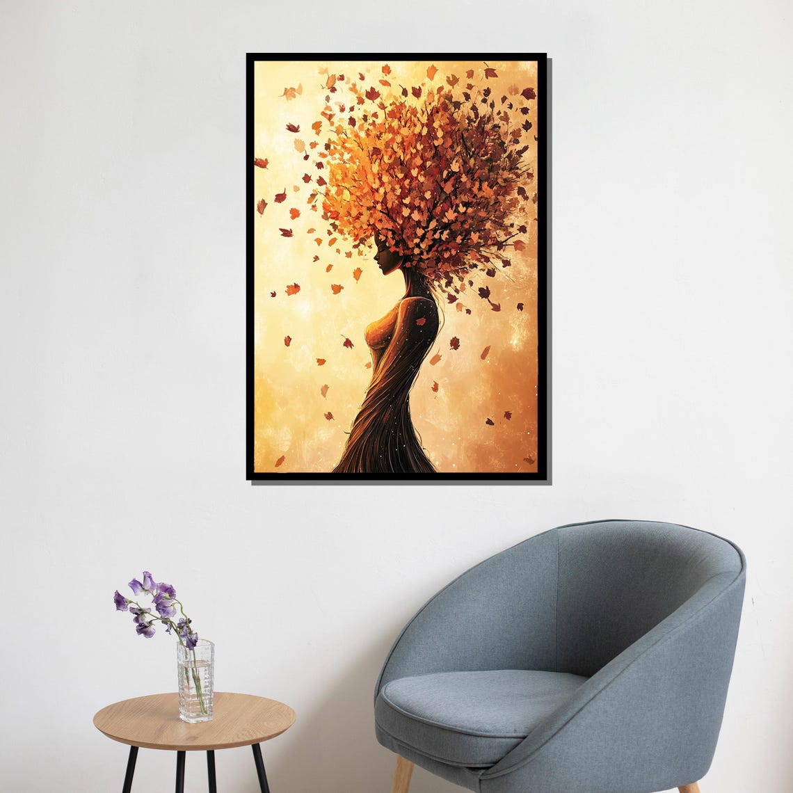 Surrealist Painting Of Woman With Autumn Leaves Hair Unique Wall Art For Living Room Modern Abstract Art Gift - Image 5