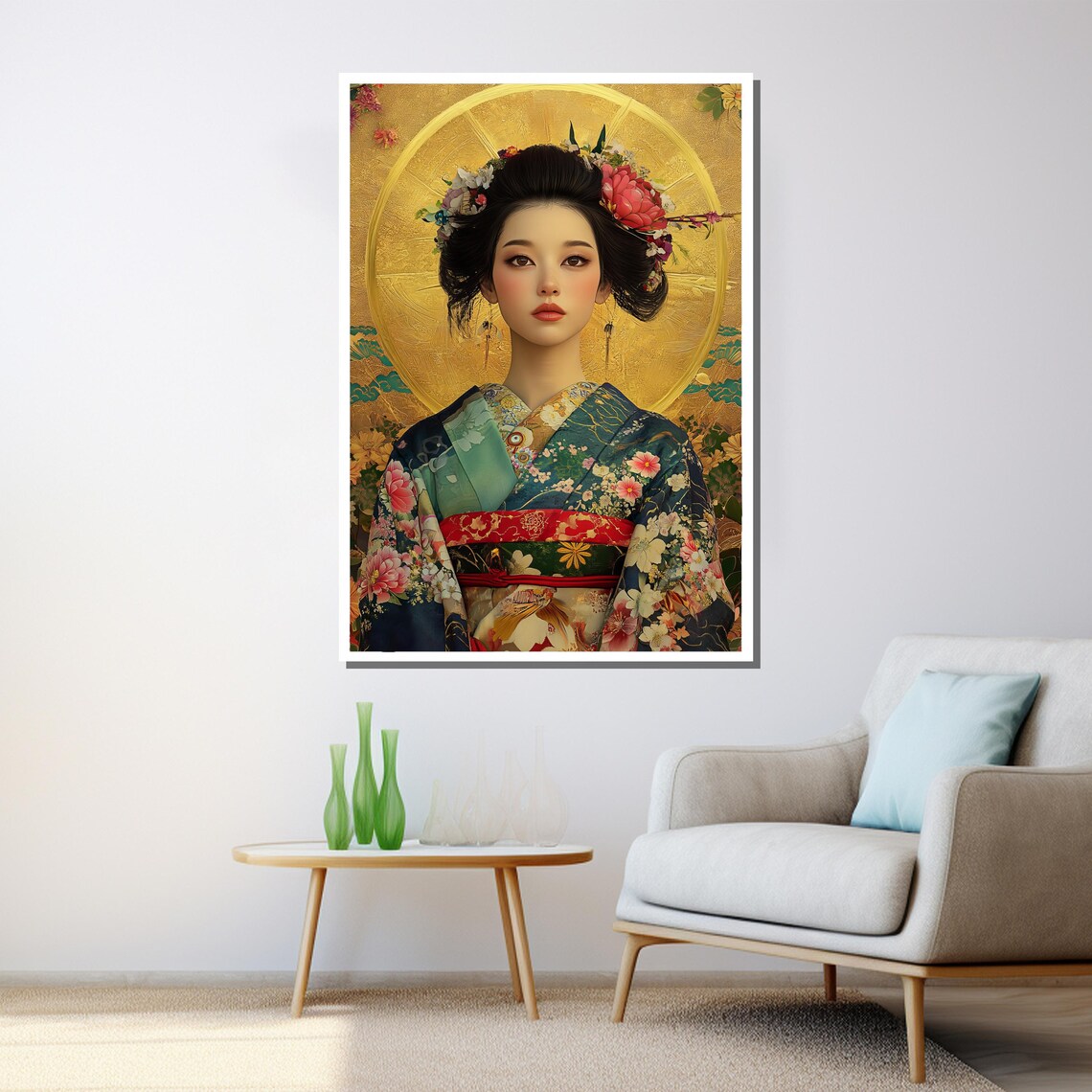 Japanese Kimono Woman Portrait Gold Leaf Floral Background Art Print - Image 3