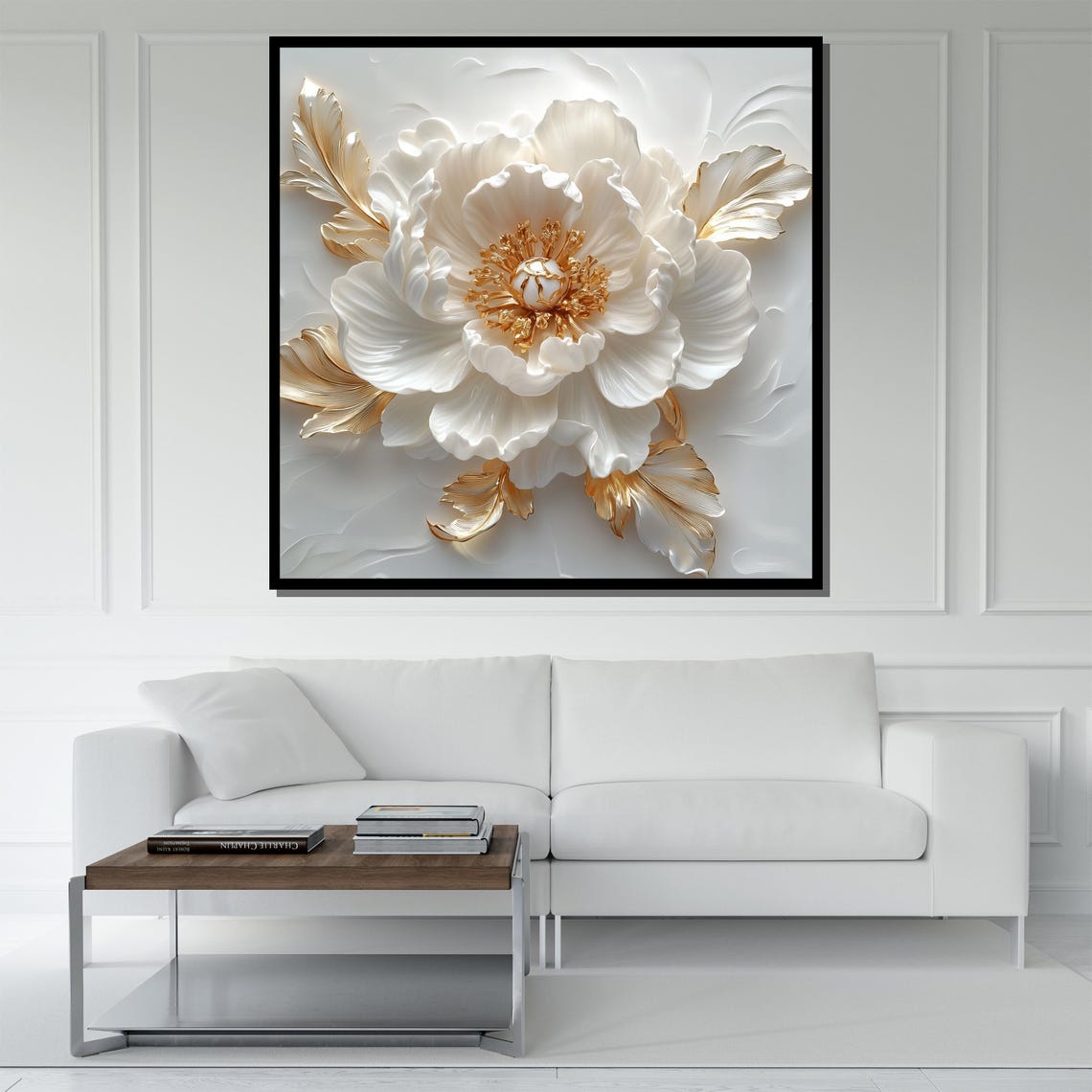 White And Gold 3D Textured Floral Painting Luxury Wall Art Poster - Image 5