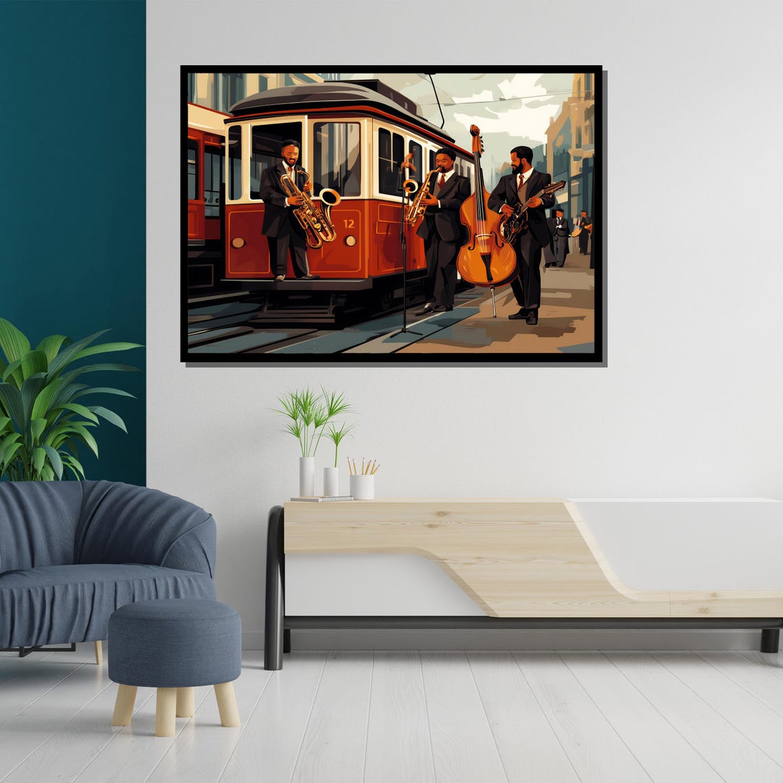 Street Jazz Band Playing Beside Vintage Red Tram Illustration Poster - Image 5