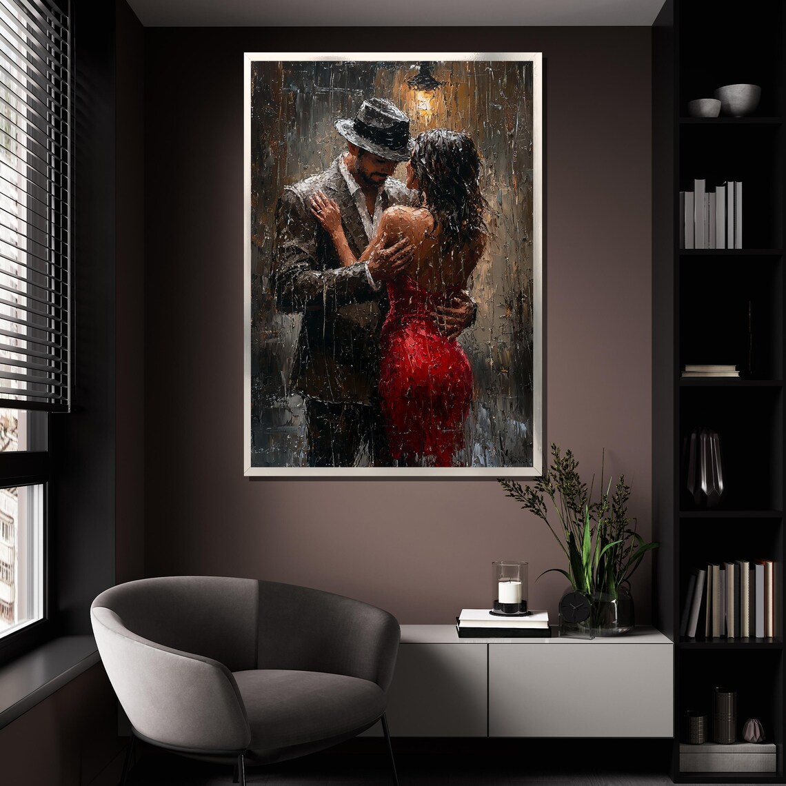 Romantic Couple Dancing In Rain Streetlamp Red Dress Painting Wall Poster - Image 4