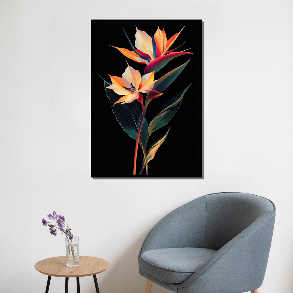 Bird Of Paradise Tropical Flowers On Black Background Art Poster - Image 5