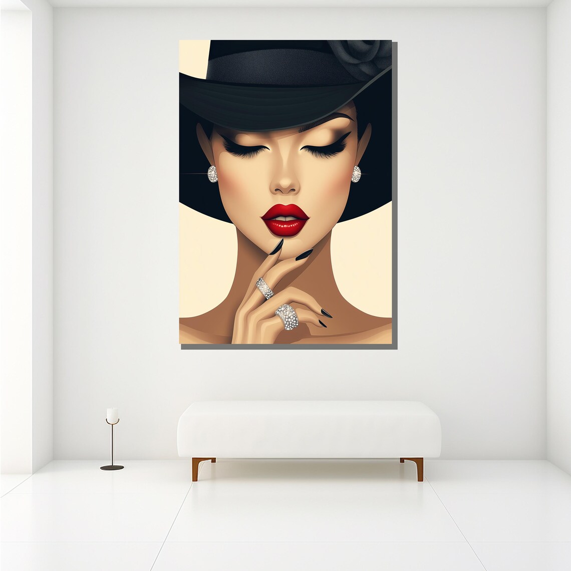 Glamorous Woman Black Hat Red Lips Diamond Jewelry Fashion Wall Poster - Image 2