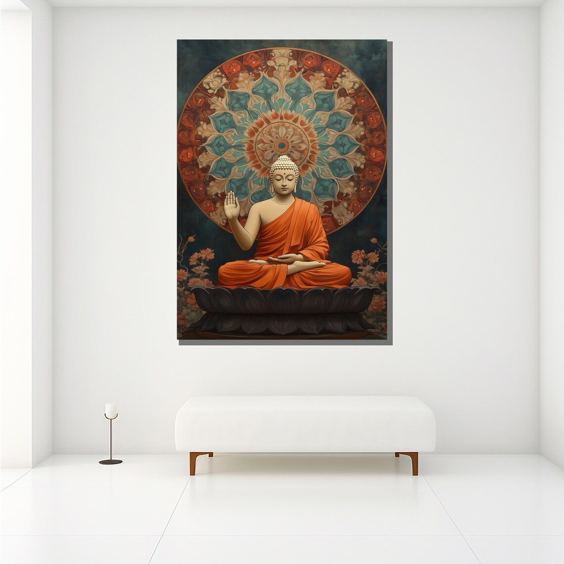 Orange Robe Buddha Lotus Mandala Teal Vibrant Zen Meditation Art Poster - Image 2