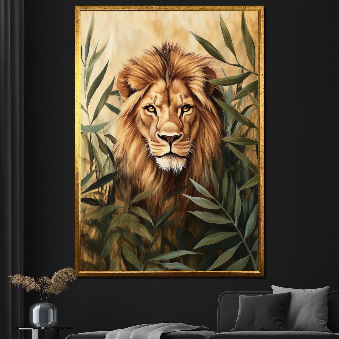 Lion Jungle Leaves Golden Regal Big Cat Face Portrait Wall Art