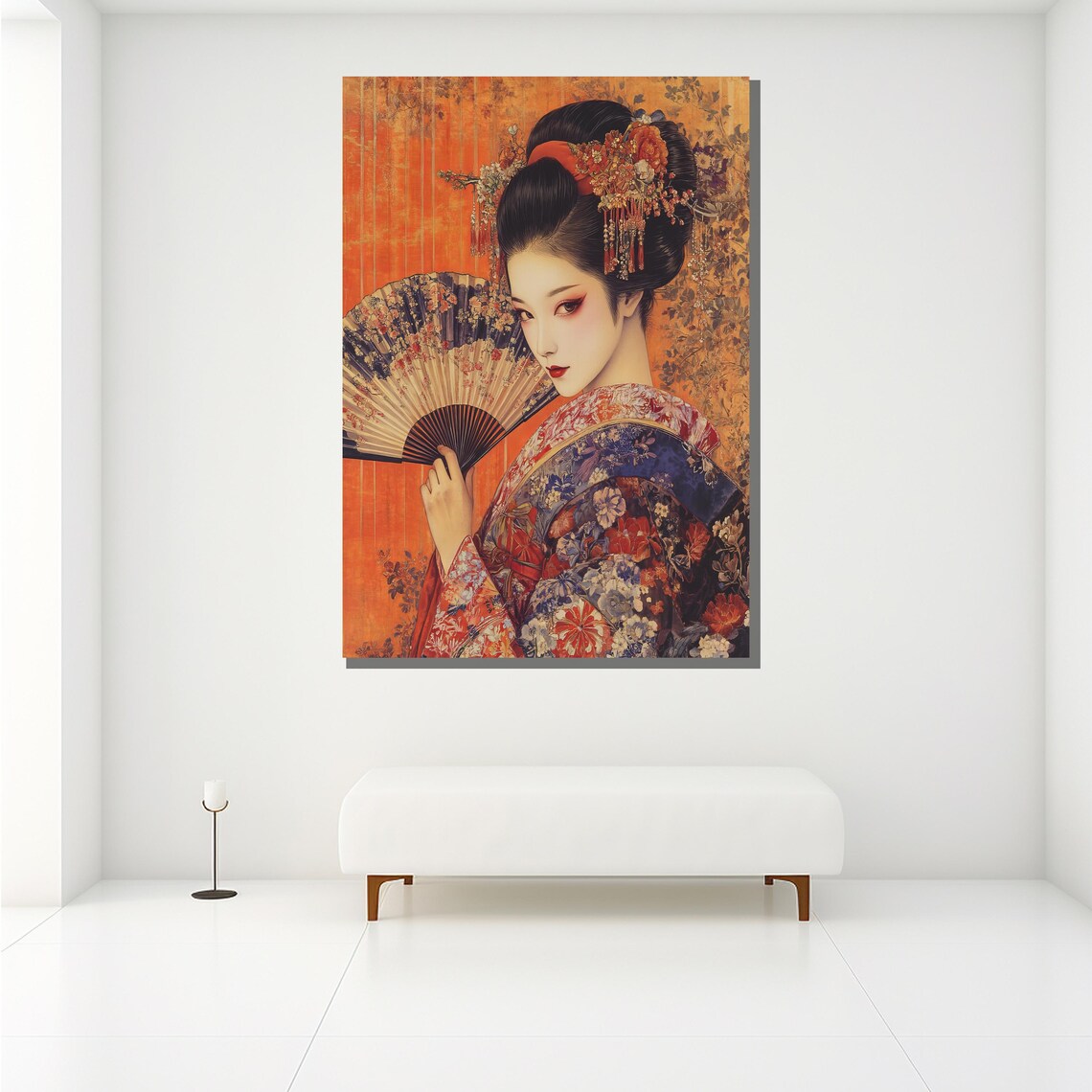 Japanese Geisha Portrait With Floral Fan Orange Background Art Poster - Image 2