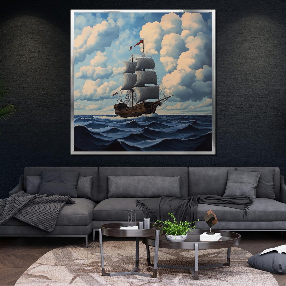 Tall Sailing Ship On Ocean Waves Under Cloudy Sky Nautical Art Poster - Image 4