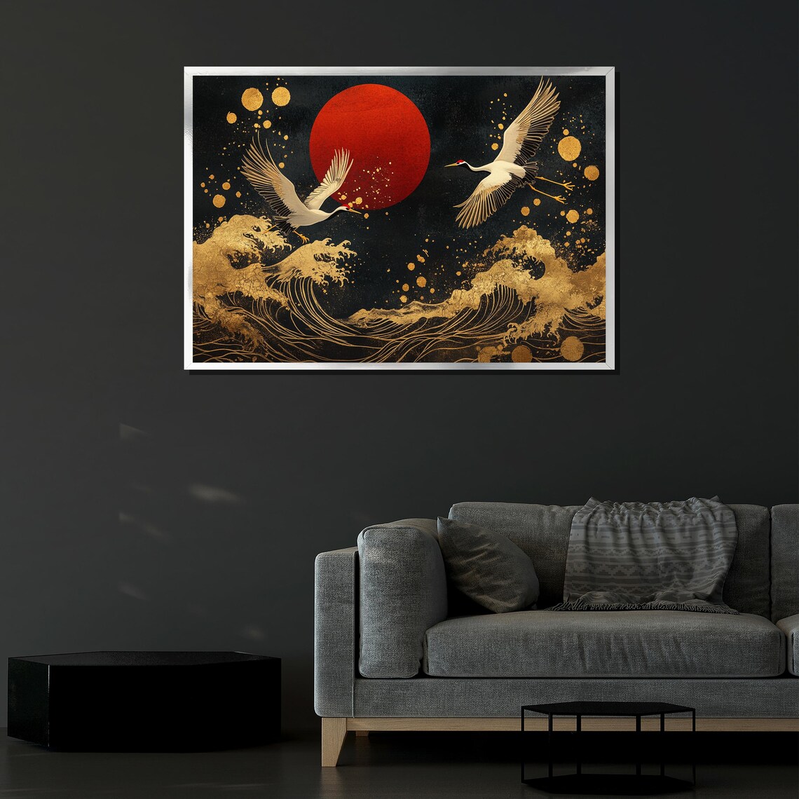 Japanese Cranes Red Sun Gold Ocean Wave Elegant Japanese Art Poster - Image 4