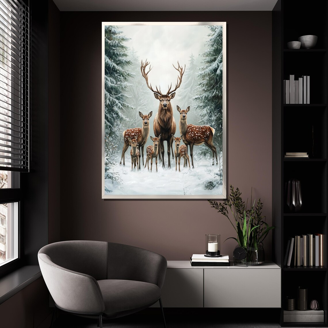 Deer Family Winter Snow Forest Stag Fawns Heartwarming Wall Art - Image 4