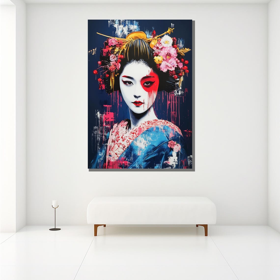 Abstract Geisha Graffiti Art Blue Kimono Red Paint Japanese Wall Art - Image 2