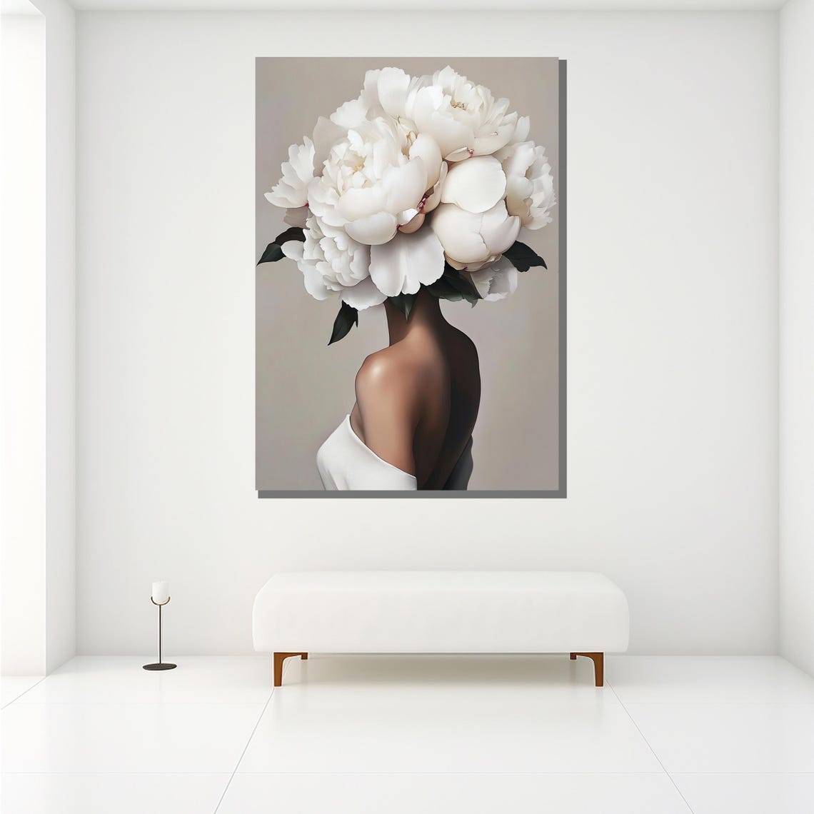 White Peony Flower Head Surreal Woman Back View Elegant Wall Art Print - Image 2
