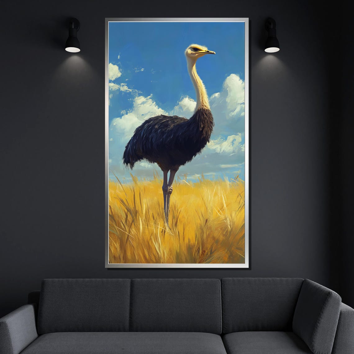 Ostrich Golden Wheat Field Tall Bird Blue Sky Savannah Wall Art - Image 4