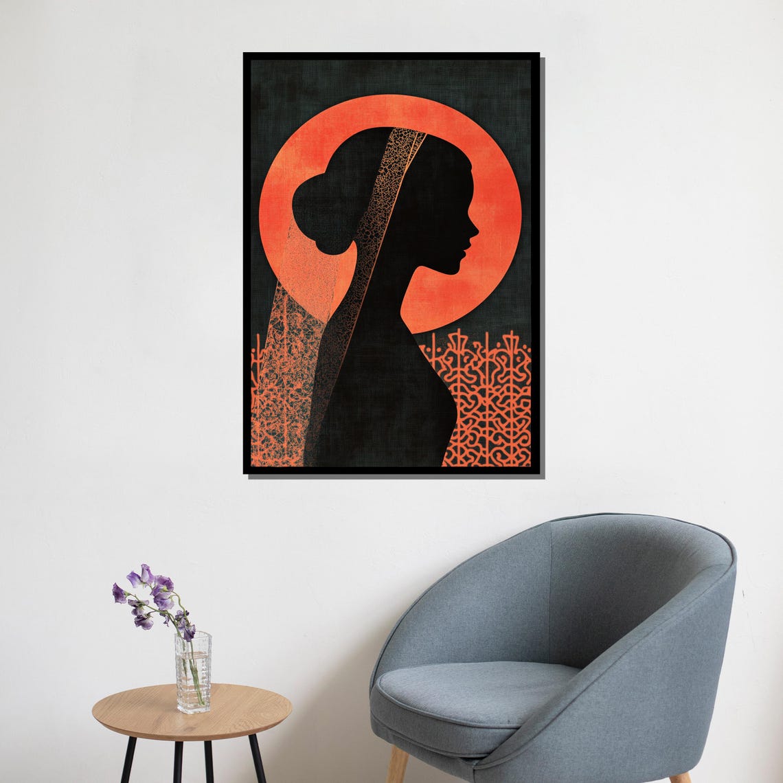 Woman Silhouette Red Sun Oriental Lace Pattern Modern Art Wall Poster - Image 5