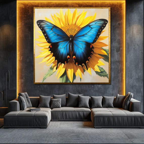 Blue Butterfly Painting Sunflower Wall Art For Living Room Nature Gift Home Deco